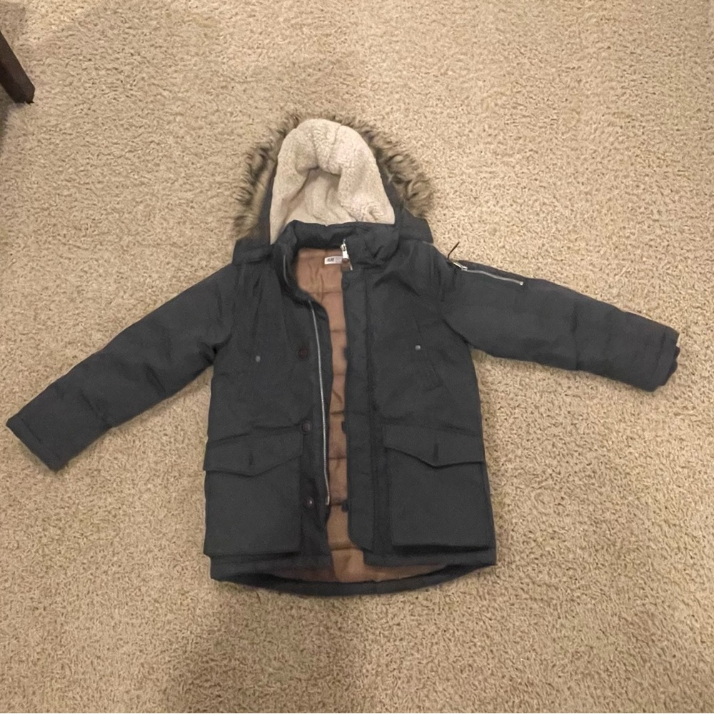 H&M Boys Dark Gray Parka Jacket with Removable  Faux Fur Hood (size 8)